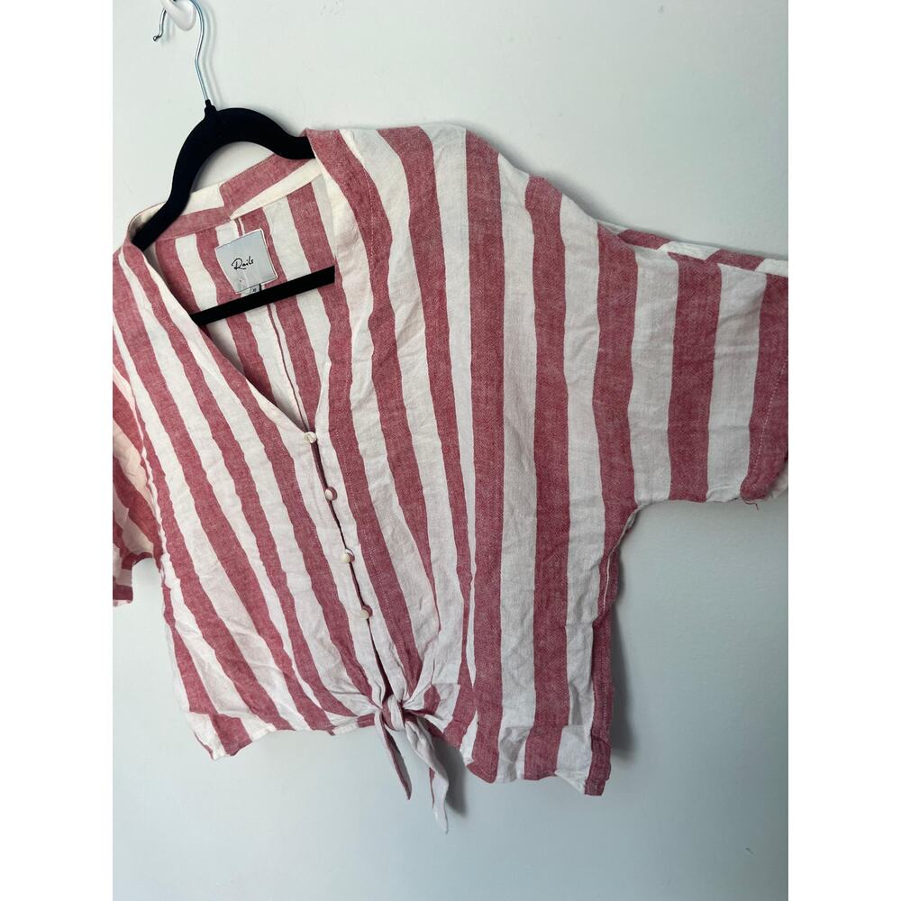 Rails Striped Button Front Shirt‎ Women XS Red White Linen Tie Hem Summer - Picture 5 of 7